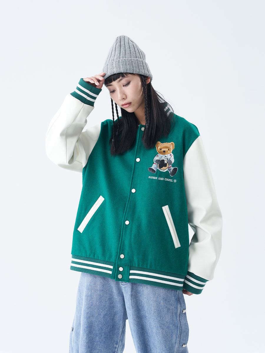 Harsh and Cruel Bear Embroidered Varsity Jacket | Face 3 Face