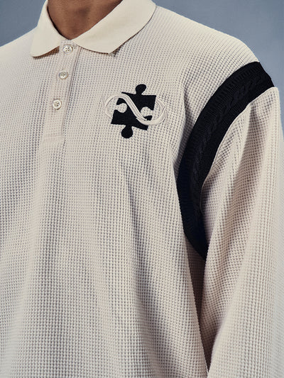 YADcrew x BIPOLAR Patchwork Embroidery Long Sleeve Polo Shirt