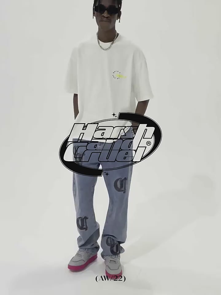 Harsh and Cruel Leather Embroidered Logo Denim