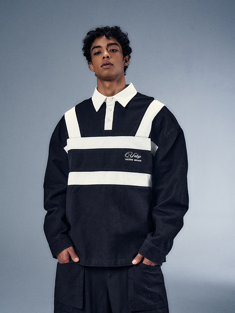 YADcrew x BIPOLAR Embroidered Long Sleeve Patchwork Polo Shirt