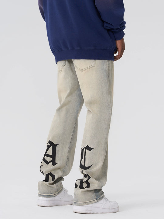 Achock Gothic Logo Printed Yellow Mud Denim Jeans | Face 3 Face