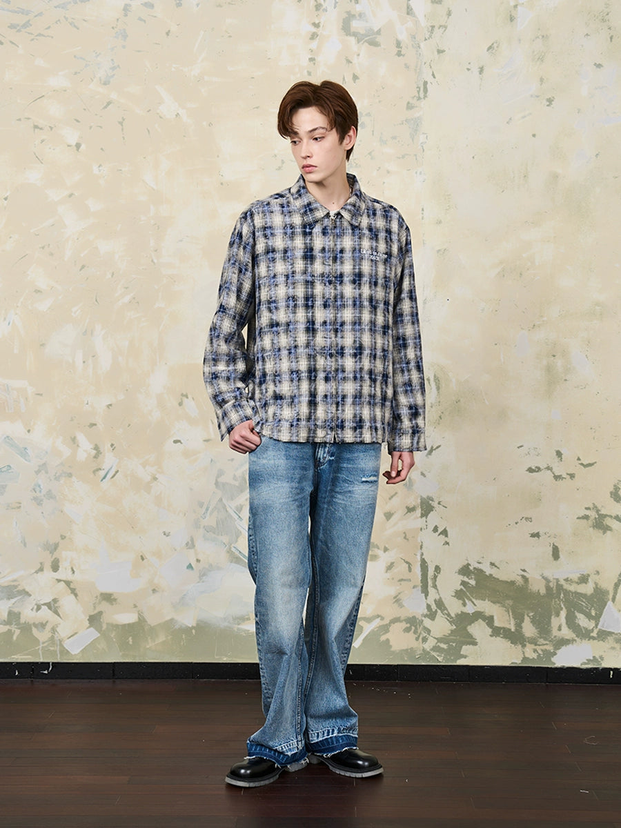 Harsh and Cruel Distressed Checkered Plaid Zipper Shirt