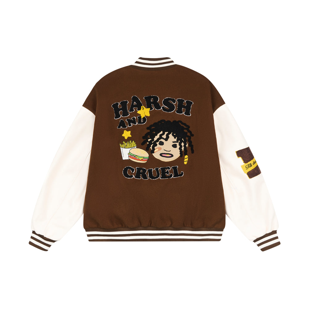 Harsh and Cruel Cartoon Meal Embroidered Varsity Jacket