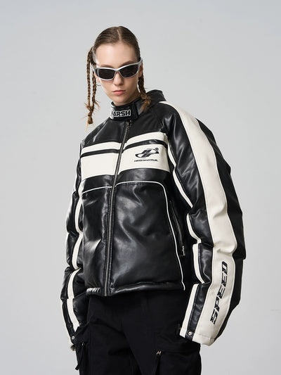 Harsh and Cruel Deconstructed Stitched Racing Leather Down Jacket