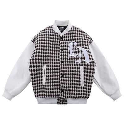 Embroidered Plaid Stitching Varsity Jacket