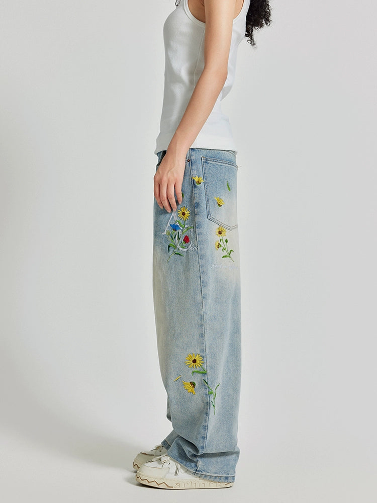 Achock Logo & Flower Embroidery Draped Denim Jeans