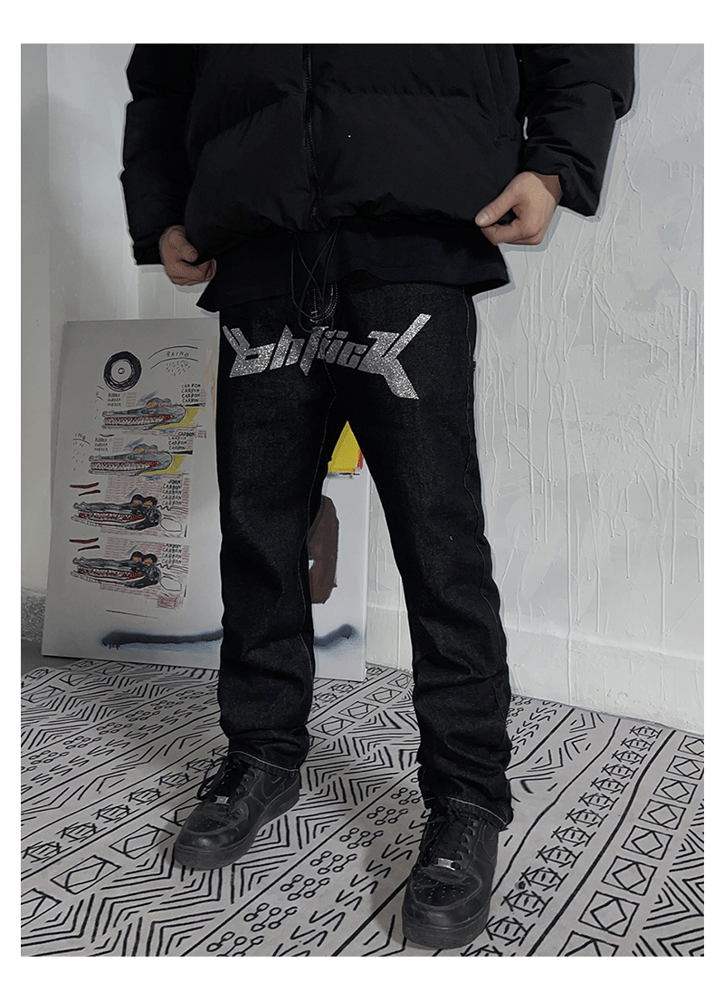 Bronzing Letters Black Denim Jeans