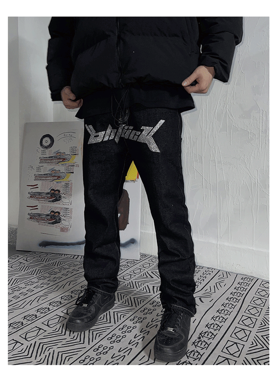 Bronzing Letters Black Denim Jeans