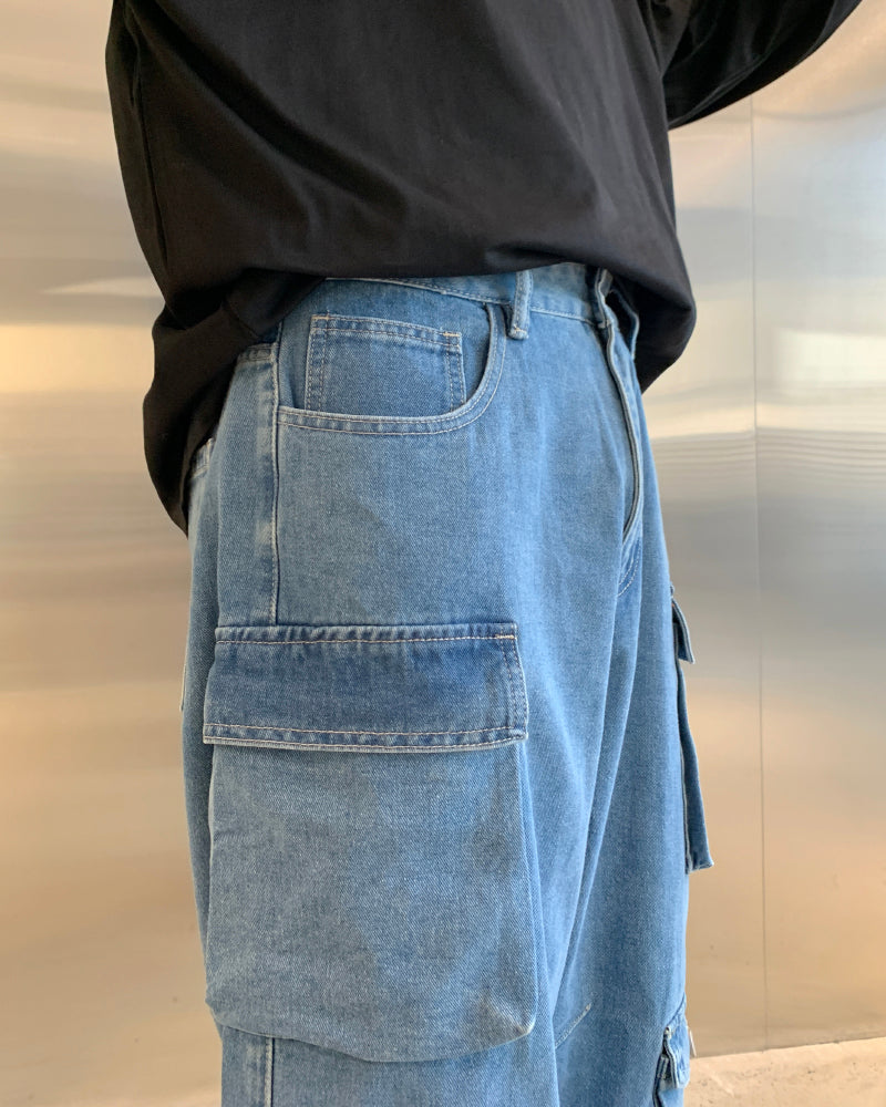 F3F Select Multi Pocket Washed Denim Cargo Pants