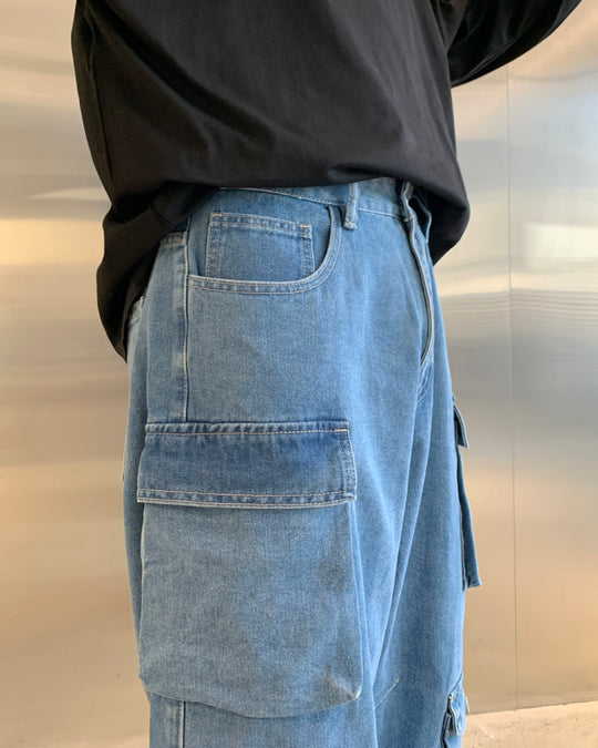 F3F Select Multi Pocket Washed Denim Cargo Pants