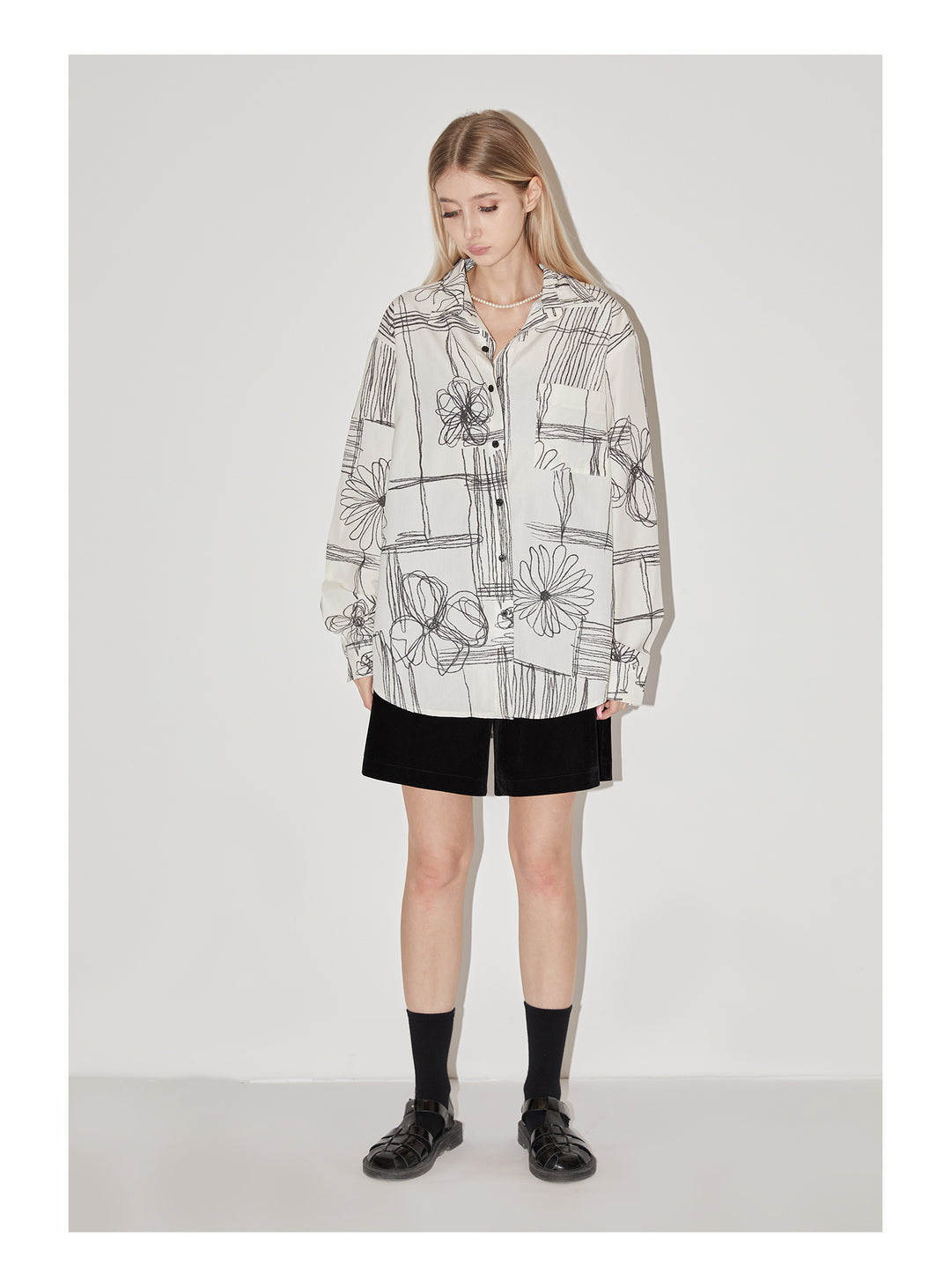 EMPTY REFERENCE Sketch Plaid Floral Print Long Sleeved Shirt