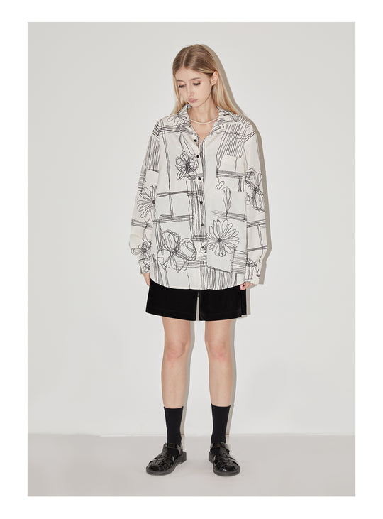 EMPTY REFERENCE Sketch Plaid Floral Print Long Sleeved Shirt