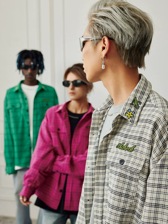 Achock Color Blocking Logo Embroidery Plaid Long Sleeve Shirt | Face 3 Face