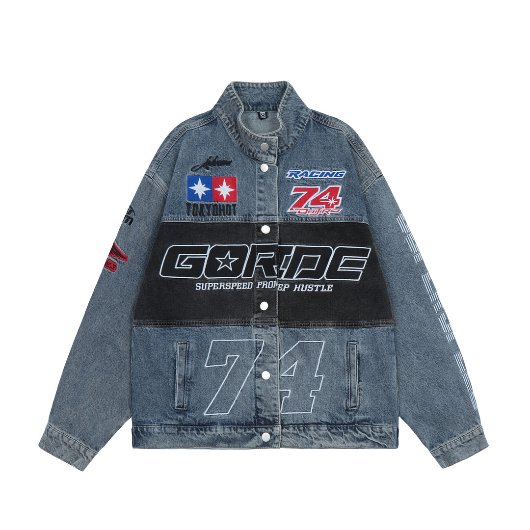 F3F Select Embroidered Motorcycle Racing Denim Jacket