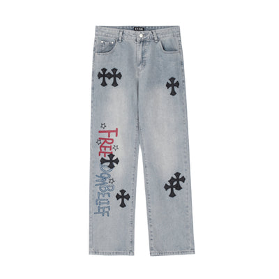 F3F Select Cross Patch Embroidery Washed Denim Jeans