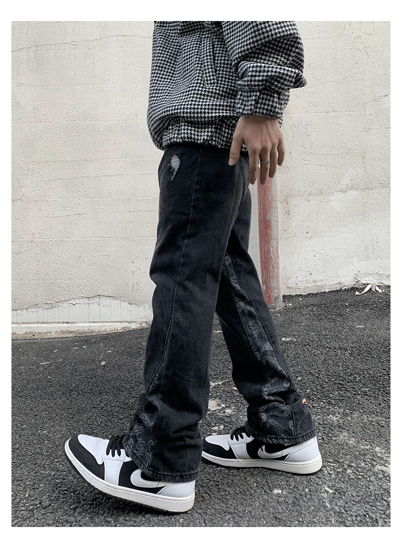 Cashew Flower Stitching Washed Flared Denim Jeans