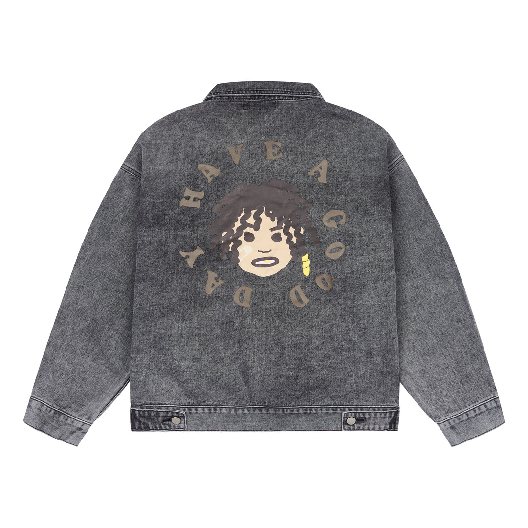 Harsh and Cruel Cartoon Face Printed Denim jacket
