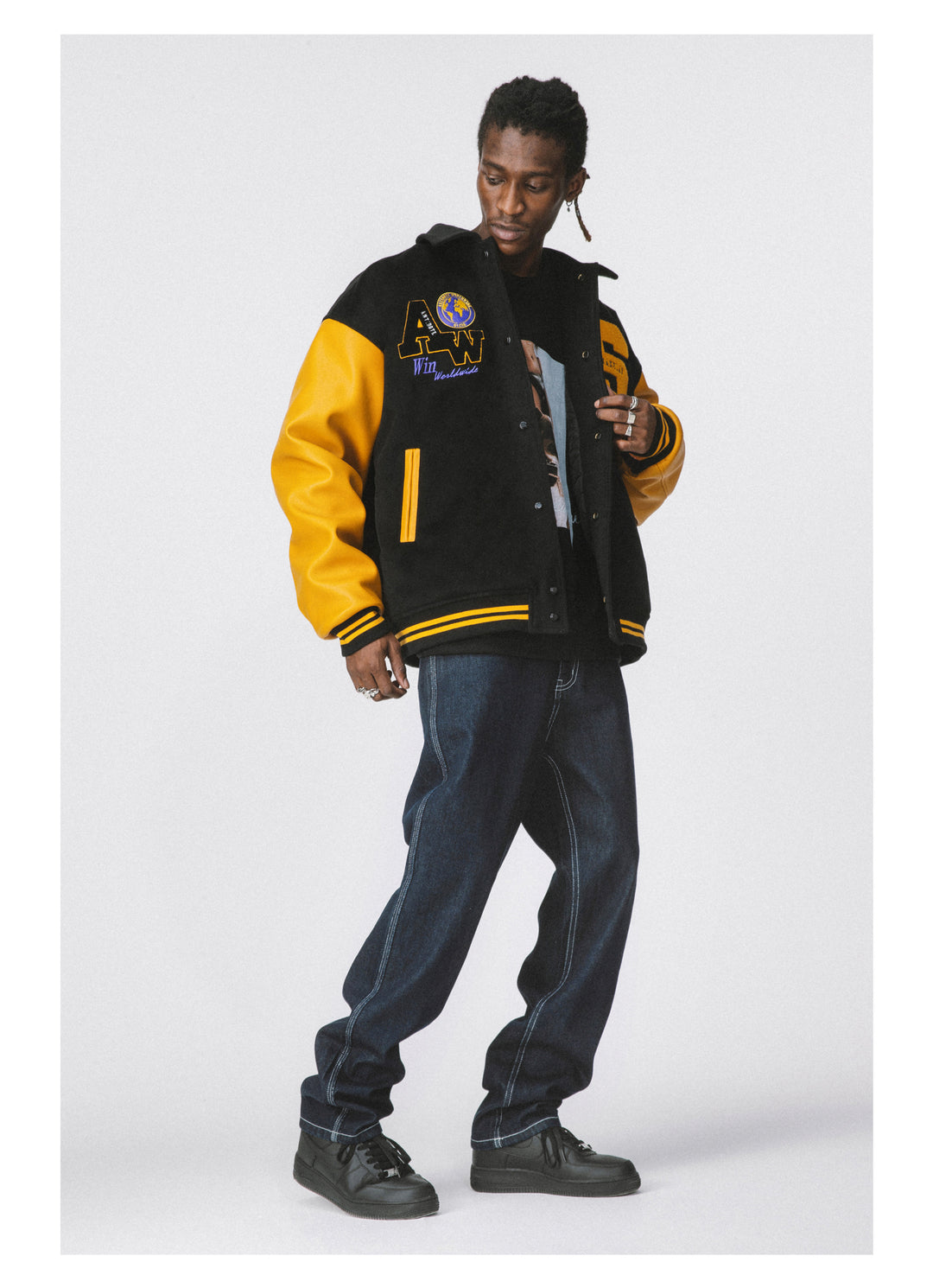 ANTIDOTE Yellow Woolen Embroidered Varsity Jacket | Face 3 Face