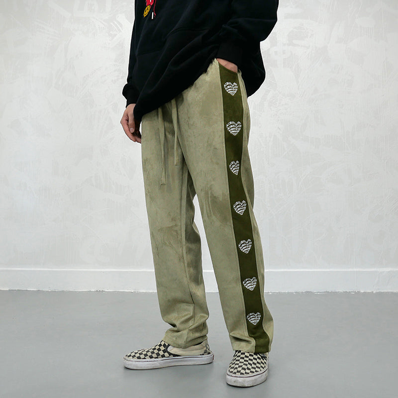 Love Heart Embroidery Velvet Track Pants