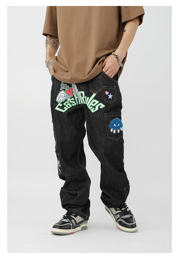 Cashrules Multi Pocket Love Embroidery Denim Pants