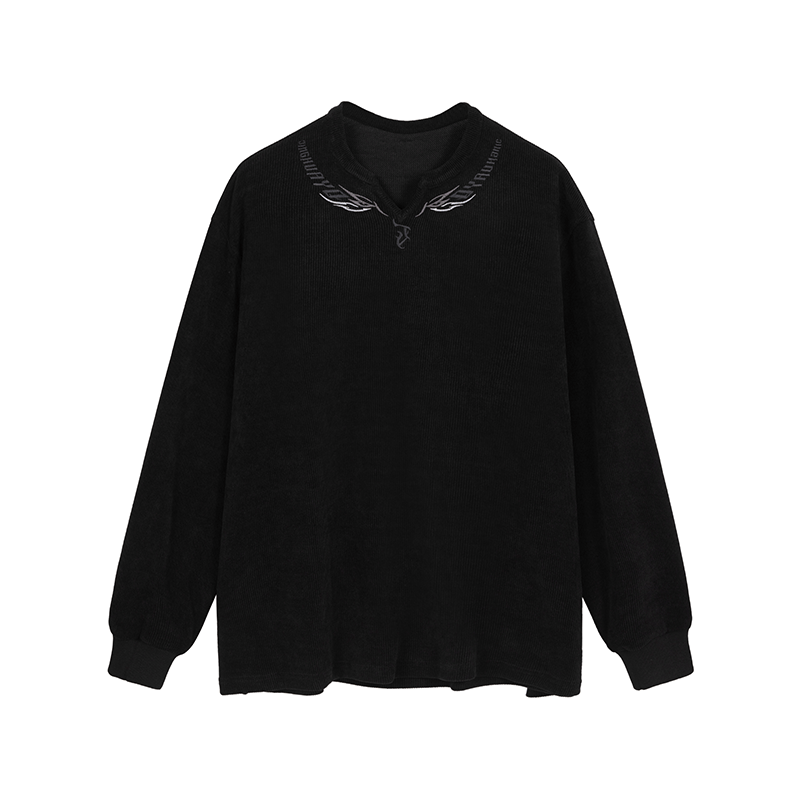 JHYQ Eyes Embroidered V Neck Waffle Long Sleeved Tee