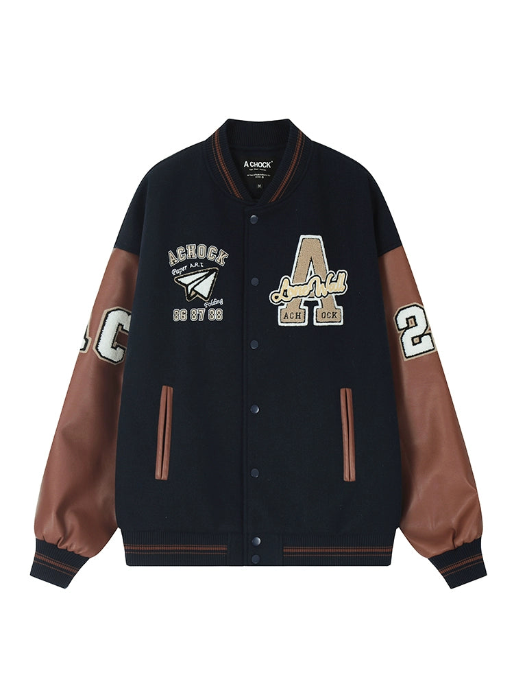 Baseball Jacket | Achock Airplane Embroidery Leather Baseball Jacket | Face 3 Face