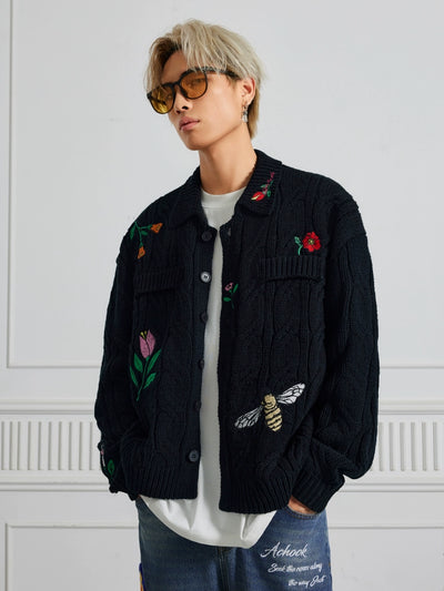 Achock Flower & Bee Embroidery Knit Cardigan