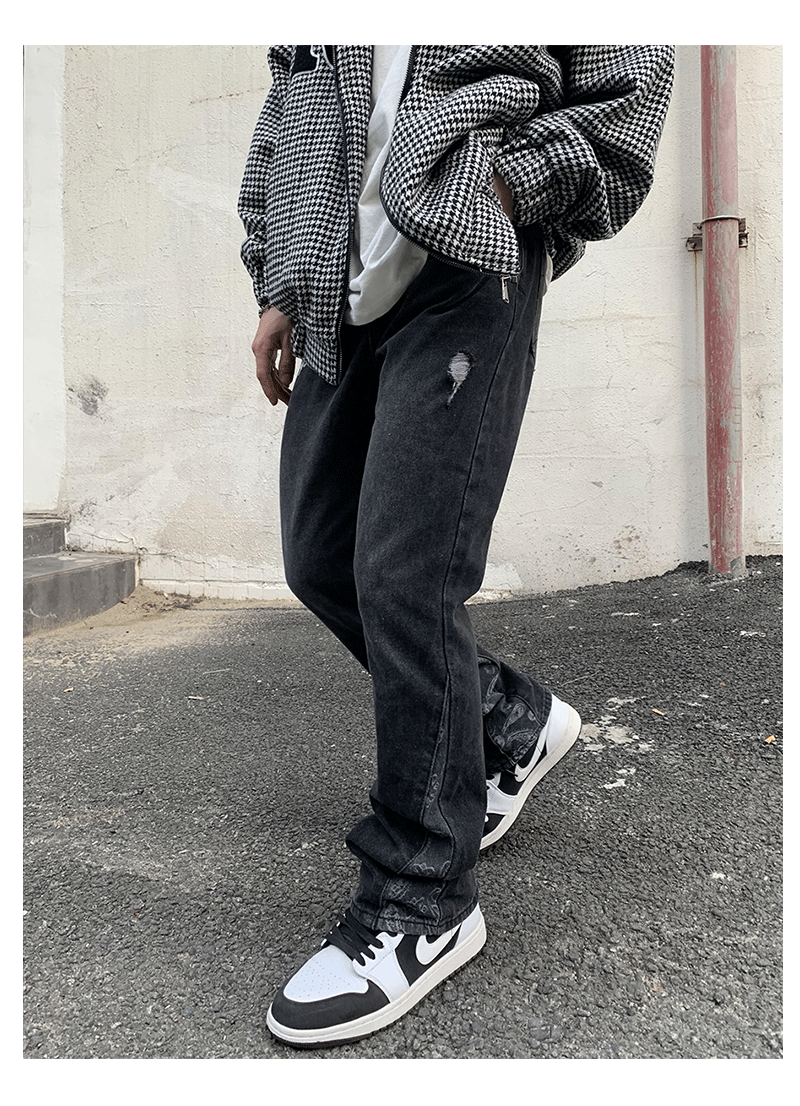 Cashew Flower Stitching Washed Flared Denim Jeans