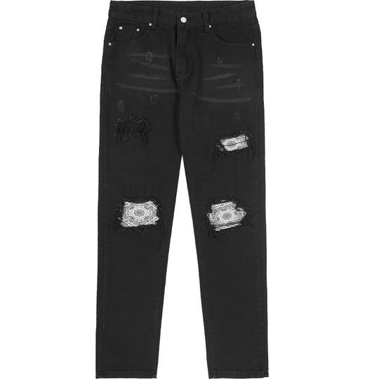 Harsh and Cruel Distressed Flower Print Distressed Loose Denim