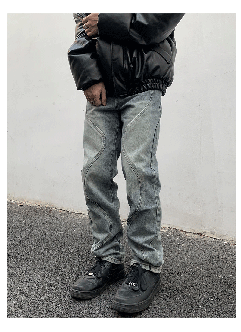 Bright Line Splicing Washed Denim Jeans