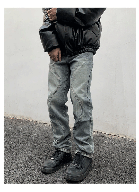 Bright Line Splicing Washed Denim Jeans