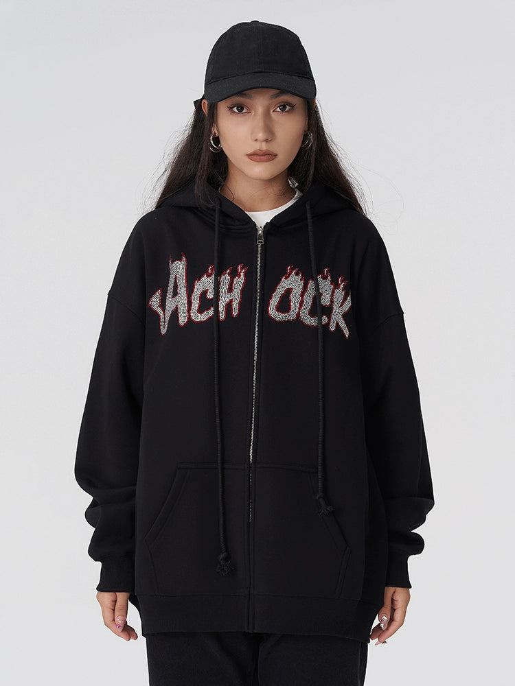 Achock Hot Rhinestone Fire Zipper Hoodie