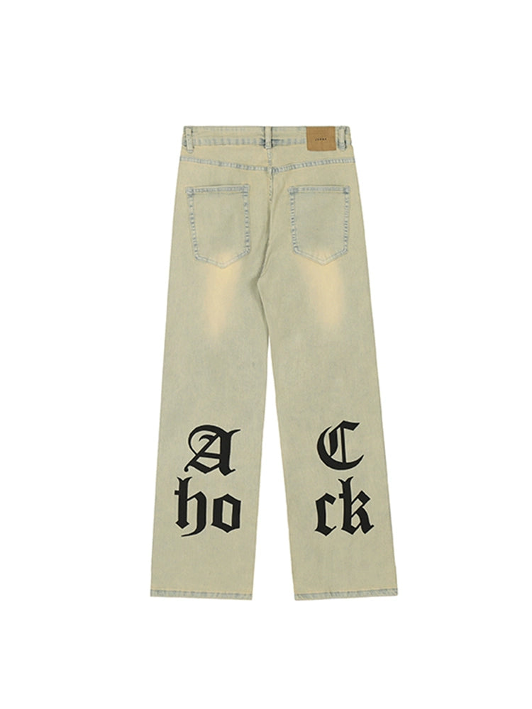 Achock Gothic Logo Printed Yellow Mud Denim Jeans | Face 3 Face