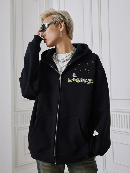 Achock Floral Embroidery Zipper Hoodie | Face 3 Face