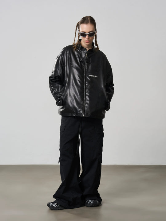 Harsh and Cruel Deconstructed Stitching Embroidered Leather Jacket