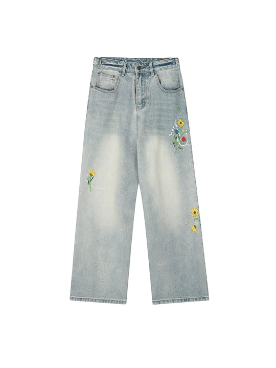 Achock Logo & Flower Embroidery Draped Denim Jeans
