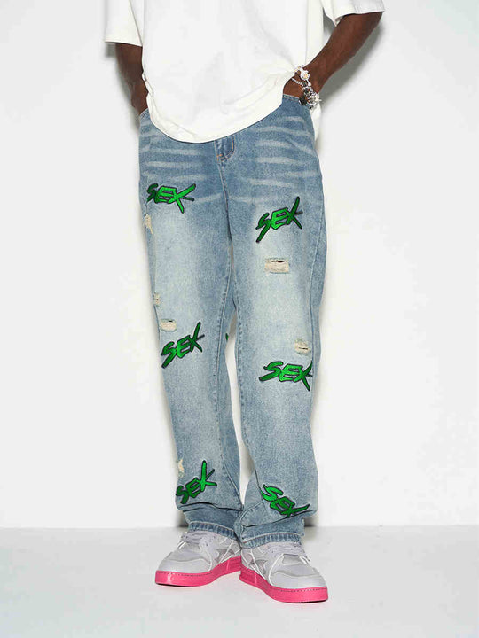 Harsh and Cruel Distressed Embroidered Loose Denim