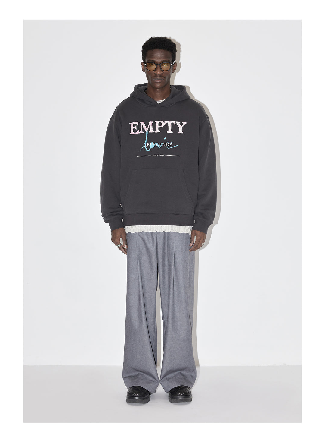 EMPTY REFERENCE Embroidered Silhouette Drape Suit Pants