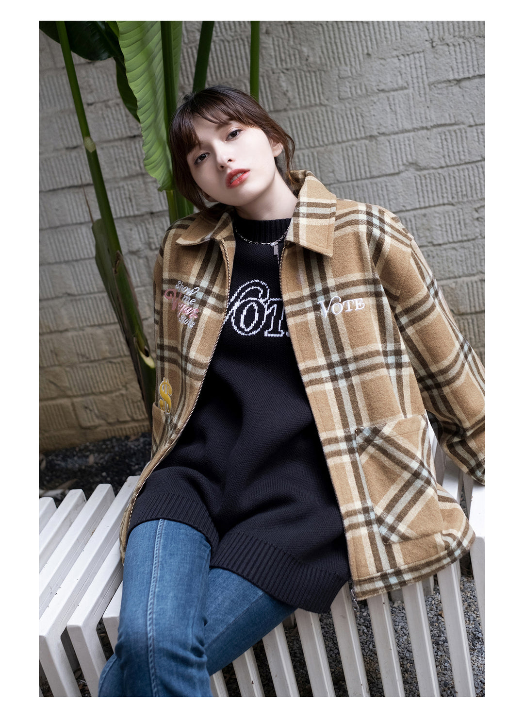 VOTE Embroidered Plaid Jacket