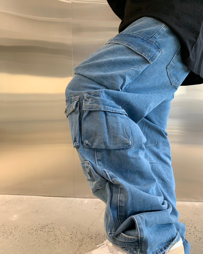 F3F Select Multi Pocket Washed Denim Cargo Pants
