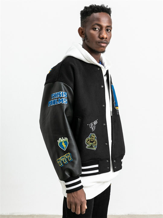 PRBLMS Dice Pattern Embroidered Varsity Jacket | Face 3 Face