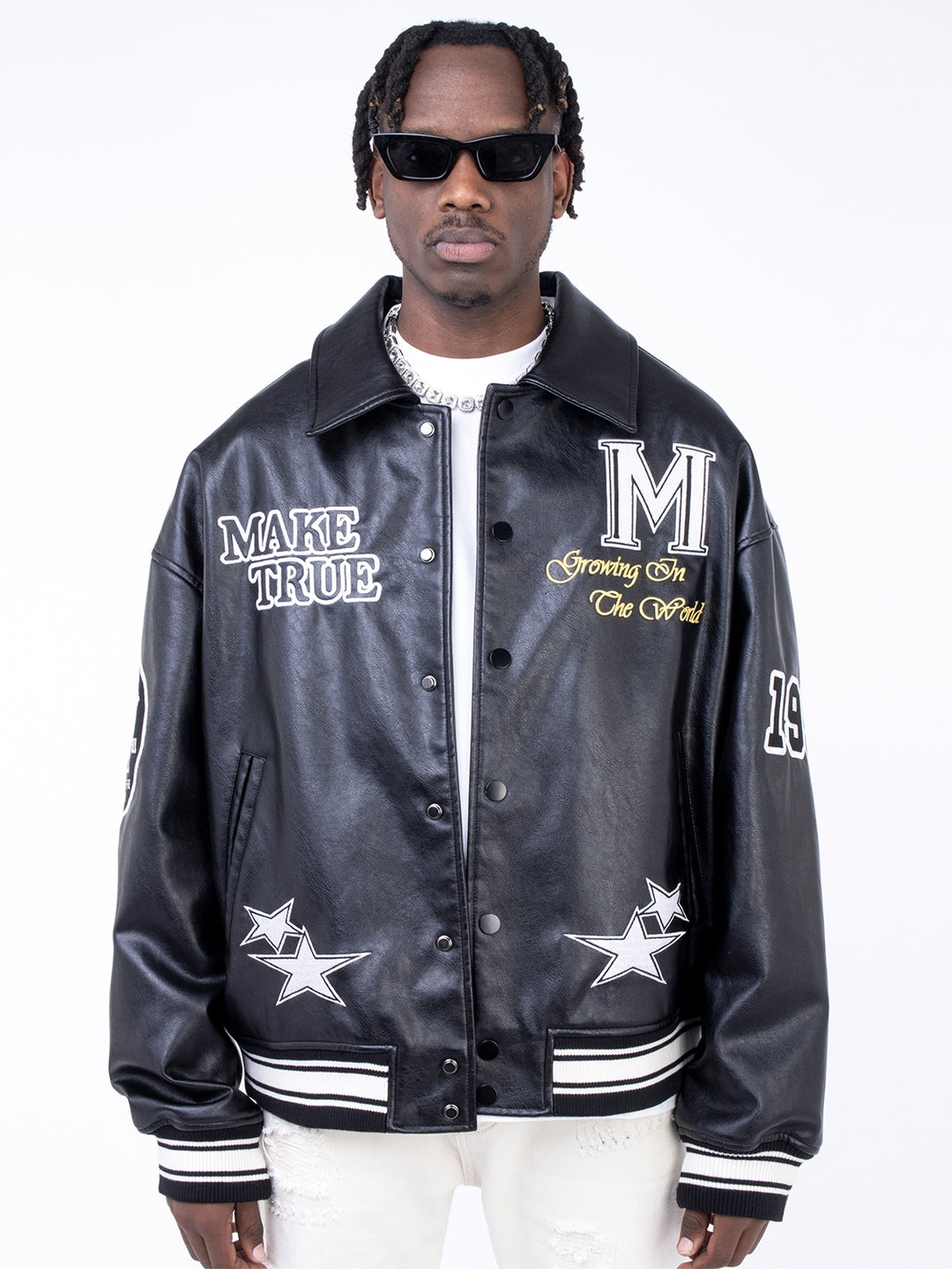 F3F Select Slogan Embroidery Stitching PU Leather Varsity Jacket