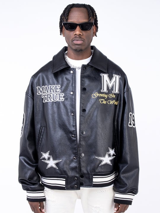 F3F Select Slogan Embroidery Stitching PU Leather Varsity Jacket