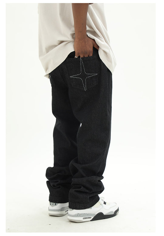 Cashrules Embroidered Loose Black Denim Pants