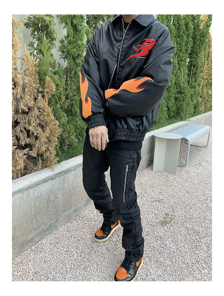 Flame Embroidery Varsity Jacket