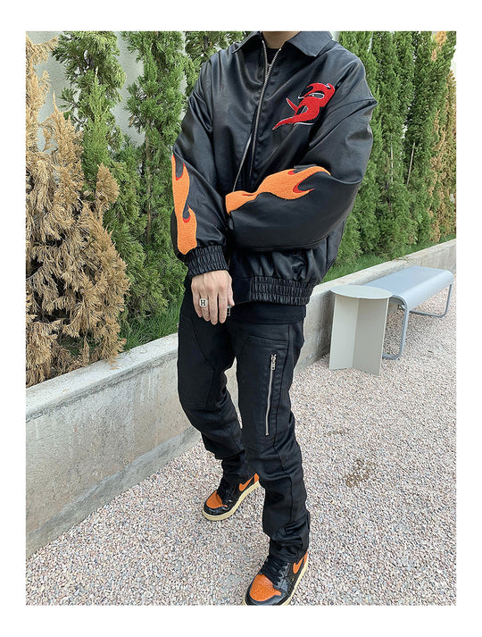 Flame Embroidery Varsity Jacket