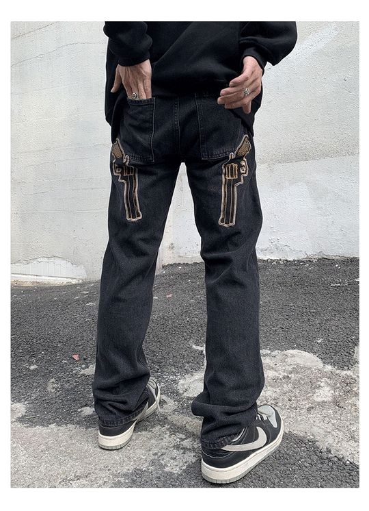 Guns Embroidered Denim Jeans