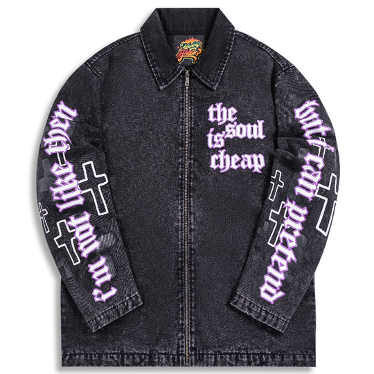 PRBLMS Cross Full Print Washed Denim Jacket | Face 3 Face