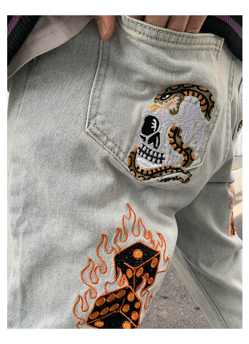 Skull Embroidered Denim Jeans