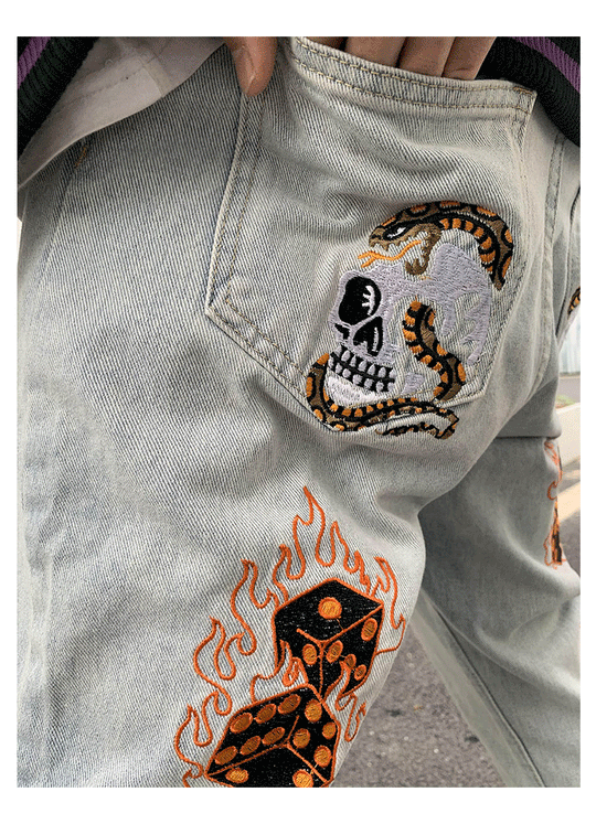 Skull Embroidered Denim Jeans